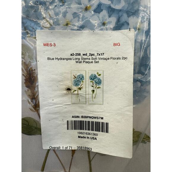 Blue Hydrangea Long Stem Two-Piece Wall Plaque Set – Vintage Floral - Picture 4 of 6